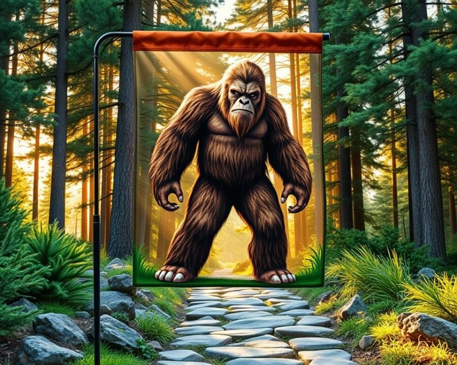 A vibrant and whimsical bigfoot garden flag, featuring a larger-than-life sasquatch figure standing tall amidst a lush, verdant landscape. The bigfoot is rendered with a striking, photorealistic style, its shaggy, brown fur texture captured in stunning detail. The flag is backlit by warm, golden sunlight filtering through the canopy of towering pine trees, casting a welcoming, woodland glow. In the foreground, a path of natural river stones leads the eye towards the majestic, imposing presence of the bigfoot, inviting the viewer to embrace the magic and mystery of this legendary creature. The overall scene exudes a sense of wonder, enchantment, and a playful, adventurous spirit, perfectly suited for an eye-catching garden display.