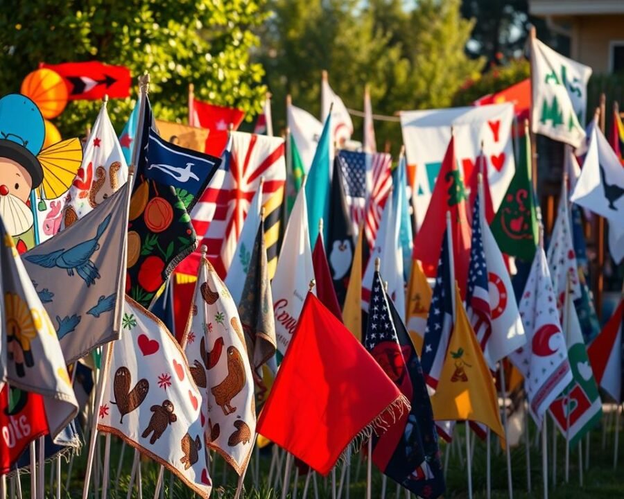 A vibrant array of unique yard flags fluttering in a gentle breeze, showcasing a diverse collection of designs and patterns. In the foreground, an eclectic mix of whimsical and nature-inspired flags catch the eye, their colors and motifs creating a delightful visual tapestry. In the middle ground, an assortment of seasonal and holiday-themed flags add bursts of festive flair, while in the background, a selection of minimalist and geometric flags provide a clean, modern contrast. The scene is illuminated by warm, natural lighting, casting soft shadows and highlighting the intricate details of each flag. The overall atmosphere exudes a sense of charm, creativity, and the joy of personalizing one's outdoor space.