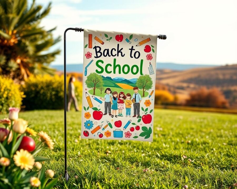 A vibrant back-to-school garden flag on a sun-dappled lawn, with a cheerful floral border framing the central design. In the foreground, intricate illustrations of school supplies like pencils, rulers, and apples form a whimsical pattern. The middle ground features a playful depiction of students and teachers surrounded by lush greenery, all rendered in a warm, hand-painted style. The background showcases a cozy, autumnal landscape with rolling hills and a clear blue sky, creating a welcoming, nostalgic atmosphere. The overall composition strikes a balance between playfulness and sophistication, capturing the excitement and optimism of the back-to-school season.