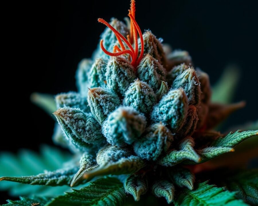A vibrant closeup of a raw garden blue dream cannabis bud, meticulously detailed. The lush, deep blue-green hues of the dense, frosty nugs take center stage, the pistils a fiery orange-red against the backdrop. Delicate trichomes glisten under soft, natural lighting, casting a gentle glow. The bud is displayed in a simple, studio-style setting, allowing the beauty and quality of the flower to shine. The overall mood is one of calm, reverence, and appreciation for the artistry of this renowned cannabis cultivar.