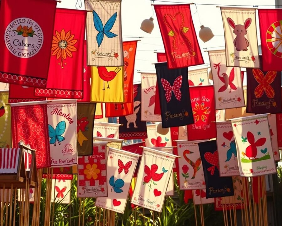 A vibrant collection of decorative yard flags in various sizes and styles, arranged in a visually appealing display. The flags feature intricate applique designs, showcasing a range of colorful patterns and whimsical motifs against a bright, sunlit backdrop. The foreground highlights a selection of medium-sized flags, while the middle and background layers feature a mix of larger and smaller flags, creating a dynamic and visually engaging composition. The lighting is warm and natural, casting gentle shadows that accentuate the dimensional qualities of the applique elements. The overall atmosphere is one of cheerful, outdoor ambiance, inviting the viewer to envision these decorative flags adorning a welcoming garden or patio space.