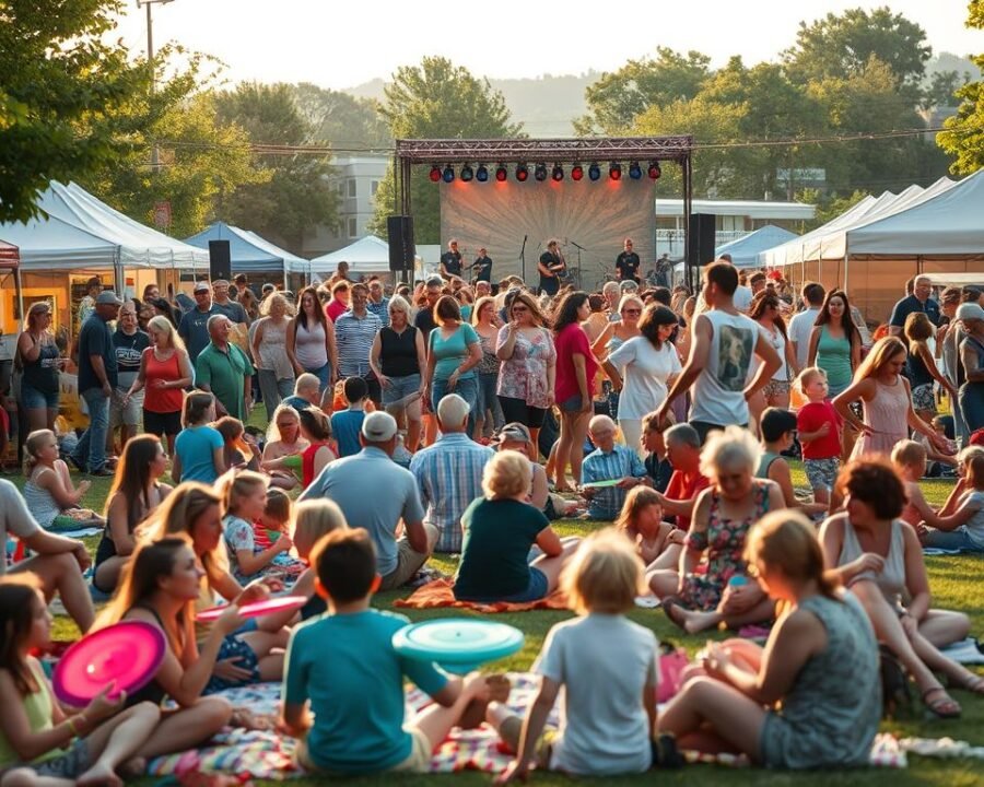 A vibrant community event in Amherst, with people engaged in a variety of lively activities. In the foreground, families picnicking on colorful blankets, children playing with frisbees and hula hoops. In the middle ground, vendors selling local produce, handcrafted goods, and delicious street food. In the background, a stage with a live band performing, surrounded by a crowd of swaying and dancing attendees. The scene is bathed in warm, golden afternoon light, with a sense of energy, joy, and community spirit permeating the atmosphere.