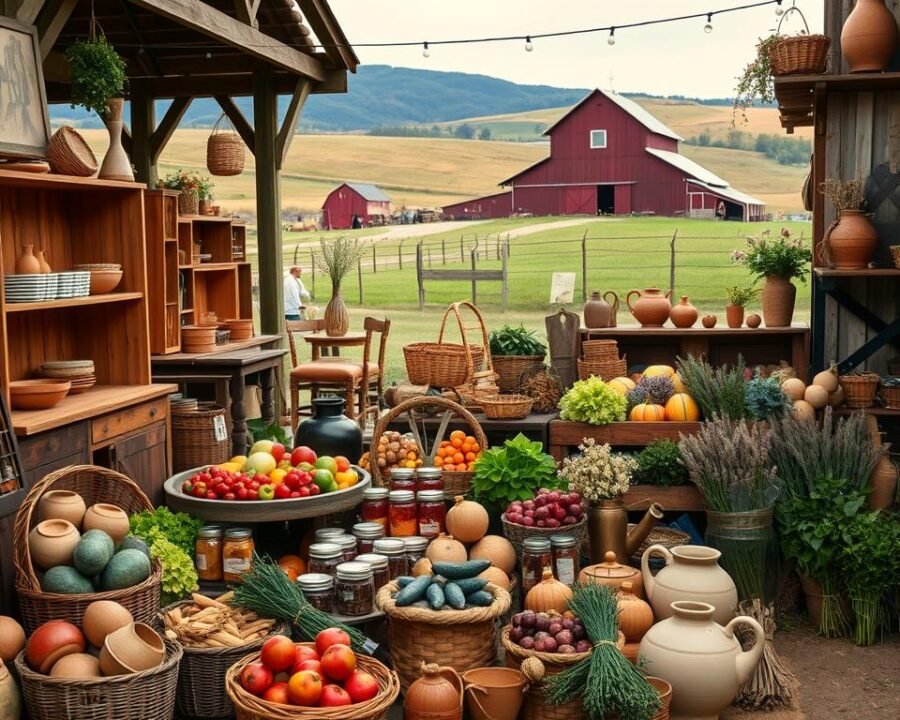 A vibrant display of Amish Country home and garden products in a rustic, natural setting. In the foreground, a variety of handcrafted wooden furniture, woven baskets, and pottery pieces arranged artfully. In the middle ground, clusters of fresh produce, jars of preserves, and bundles of dried herbs and flowers. The background features a backdrop of rolling hills, a classic Amish barn, and soft, natural lighting illuminating the scene. The overall atmosphere conveys a sense of tradition, craftsmanship, and the bounty of the Amish Country lifestyle.