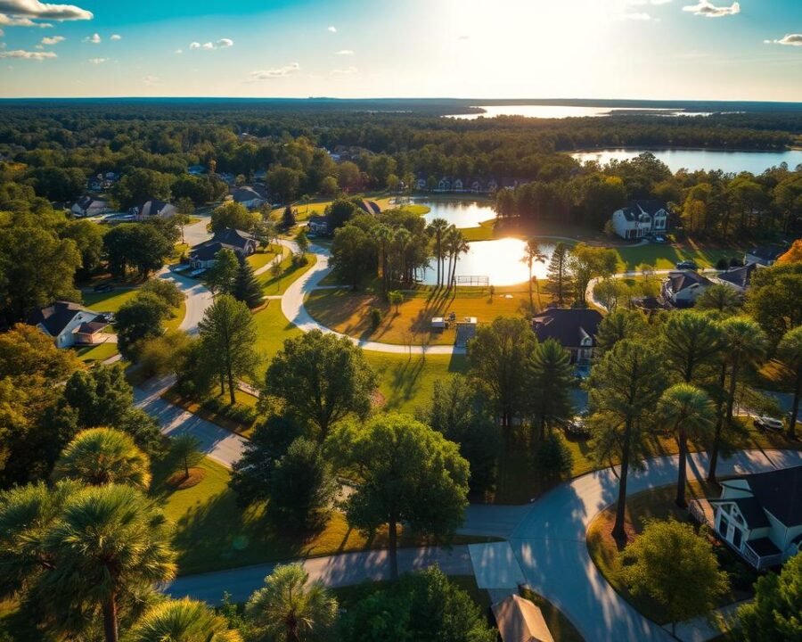 A vibrant, expansive aerial view of the Garden City, Georgia community nestled within the 31408 zip code. Lush greenery and towering trees frame the residential neighborhoods, dotted with neatly-manicured homes and winding streets. In the distance, the glistening waters of a tranquil lake reflect the warm, golden sunshine overhead. The scene exudes a sense of serenity and community, with people strolling along sidewalks and children playing in well-kept parks. The image captures the essence of this thriving suburban locale, showcasing its picturesque natural surroundings and the harmony between its built and natural environments.