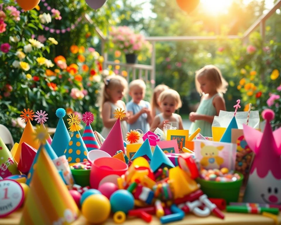 A vibrant garden party scene with a colorful assortment of whimsical party favors for young guests. In the foreground, a table overflows with an array of playful trinkets and treats - party hats, noisemakers, stickers, and candy-filled goodie bags. In the middle ground, children gather around the table, their faces alight with excitement as they explore the delightful offerings. The background features a lush, verdant garden setting, with blooming flowers and a cheerful sun casting a warm, inviting glow. The lighting is soft and natural, and the lens captures the scene with a crisp, detailed perspective, highlighting the joy and wonder of a first birthday celebration.
