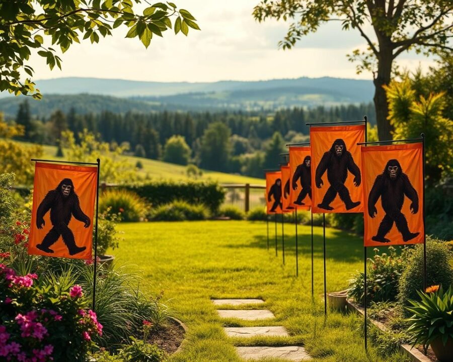 A vibrant garden setting, featuring lush greenery and a tranquil atmosphere. In the foreground, a series of Bigfoot-themed garden flags stand proudly, showcasing a range of sizes to suit any outdoor space. The flags are rendered in vivid, lifelike detail, capturing the whimsical and playful nature of the Bigfoot design. Soft, warm lighting illuminates the scene, creating a welcoming and inviting ambiance. The middle ground features a well-manicured lawn, adding depth and balance to the composition. In the background, a picturesque landscape with rolling hills and a distant forest create a serene, natural backdrop. The overall image conveys a sense of harmony and the perfect blend of nature and Bigfoot-inspired decor.