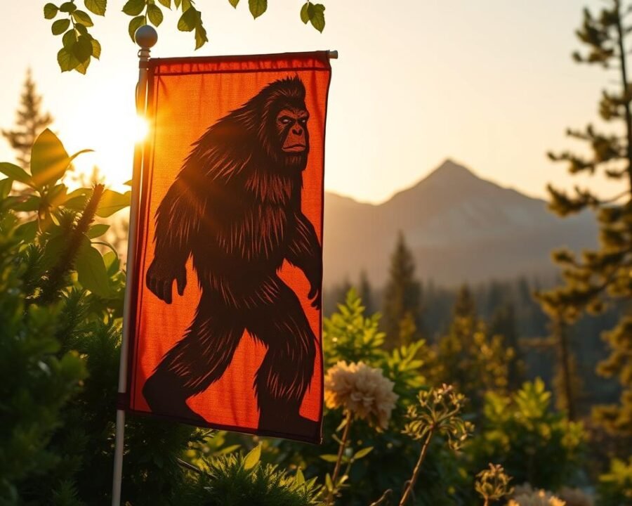 A vibrant, hand-crafted Bigfoot yard flag fluttering in a warm, golden sunset. The large, hairy cryptid figure stands tall and proud, surrounded by lush, verdant foliage. Sunlight filters through the leaves, casting a soft, natural glow across the scene. The flag's fabric has a rustic, weathered texture, adding to its charm and character. In the background, a picturesque mountain range rises up, completing the serene, outdoor setting. The overall mood is one of whimsical, outdoorsy delight, perfectly capturing the unique essence of a Bigfoot-themed garden decor.