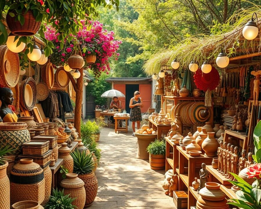 A vibrant handmade crafts market set in a sun-dappled garden, filled with artisanal stalls showcasing an array of unique, handcrafted treasures. In the foreground, a display of intricate woven baskets, pottery, and hand-carved wooden figurines catch the eye. In the middle ground, artisans demonstrate their craft, carefully shaping clay, weaving textiles, and painting intricate designs. Lush greenery and colorful blooms create a serene, natural backdrop, while soft, warm lighting casts a golden glow over the scene, evoking a cozy, inviting atmosphere. The overall impression is one of creativity, skill, and a celebration of the handmade.