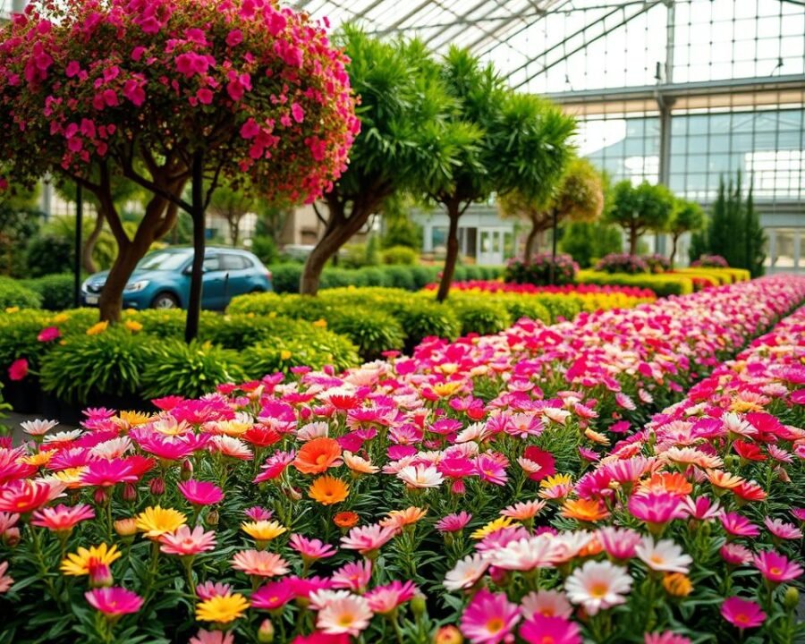 A vibrant horticulture showcase fills the frame, highlighting an array of lush, blooming flora. In the foreground, rows of meticulously tended flowers in a spectrum of colors captivate the eye, their petals gently swaying under soft, warm lighting. In the middle ground, ornamental trees and shrubs create a verdant backdrop, their intricate foliage shimmering as if touched by morning dew. The background reveals an expansive greenhouse structure, its glass panes reflecting the natural splendor within. The overall scene exudes a sense of tranquility and wonder, inviting visitors to immerse themselves in the beauty of the natural world.