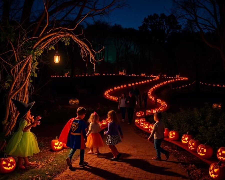 A vibrant nighttime scene at the Boo at the Zoo event in Garden City, KS. In the foreground, children in colorful Halloween costumes - including a witch, a superhero, and a pumpkin - frolic and play around a spooky arch covered in vines and spiderwebs. In the middle ground, families stroll along a winding path lined with carved jack-o-lanterns, their warm glow illuminating the scene. In the background, the silhouettes of zoo animals can be seen through a dense forest, adding to the enchanting atmosphere. The overall mood is one of festive, family-friendly Halloween celebration, with a subtle touch of eerie wonder.