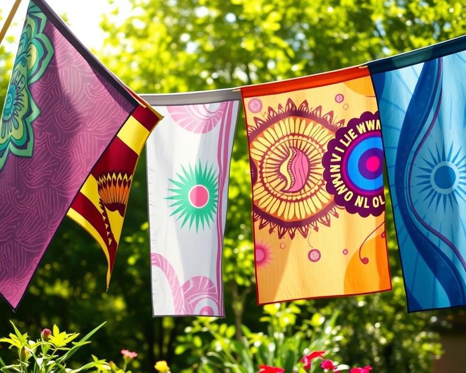 A vibrant outdoor scene, with a row of colorful flags gently swaying in a light breeze. The flags, crafted from high-quality materials, feature a variety of intricate patterns and designs - bold stripes, whimsical shapes, and eye-catching gradients. Sunlight filters through the flags, casting a warm, welcoming glow across the lush greenery of the garden backdrop. The overall composition exudes a sense of movement, energy, and a celebration of the outdoors, perfectly capturing the essence of "Creative Ways to Display Garden Flags".