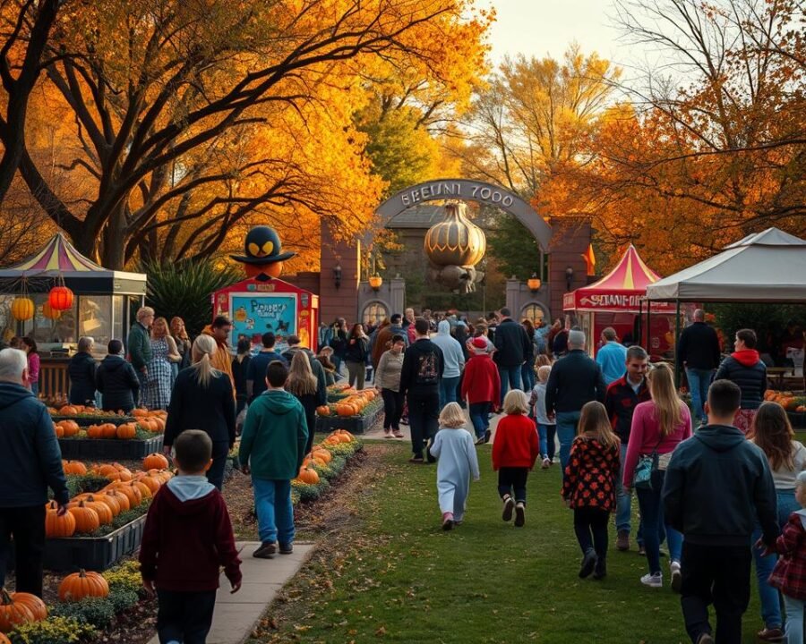 A vibrant scene of the "Boo at the Zoo" event in Garden City, Kansas. In the foreground, a crowd of costumed visitors wanders through a well-manicured garden, admiring the decorative pumpkins and spooky Halloween decor. In the middle ground, a group of children play carnival games, their laughter echoing through the crisp autumn air. In the background, the zoo's entrance stands tall, its iconic archway framing the festivities. Warm, golden lighting filters through the trees, casting a cozy, inviting atmosphere. The scene captures the excitement and whimsy of this family-friendly Halloween celebration at the Garden City Zoo.