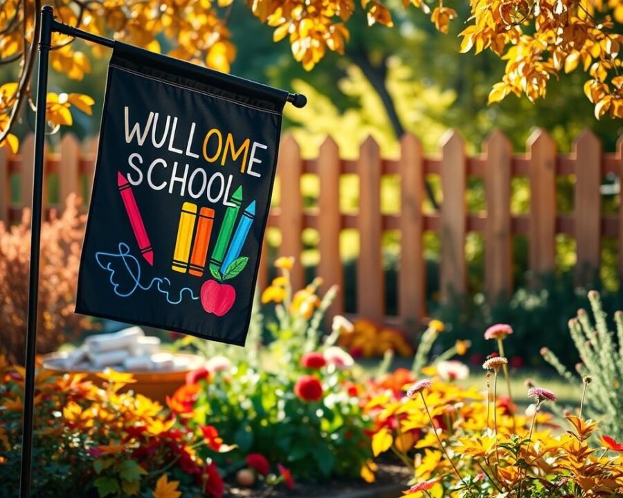 A vibrant, school-themed garden flag fluttering in a sunlit autumn setting. In the foreground, the flag features a chalkboard-style design with colorful chalk drawings of school supplies, like crayons, pencils, and an apple. The midground showcases a lush, well-tended garden bursting with fall foliage and blooms. In the background, a cozy wooden fence frames the scene, casting warm, diffused lighting. The overall atmosphere is one of welcoming, educational delight, perfectly suited to greet visitors at the start of the new school year.