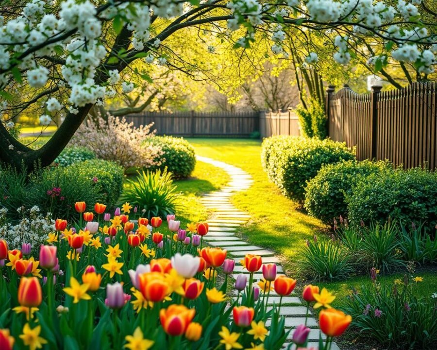 A vibrant spring garden bursting with life. In the foreground, a lush bed of colorful flowers - tulips, daffodils, and cherry blossoms - swaying gently in the soft breeze. In the middle ground, a winding stone pathway leads the eye deeper into the scene, flanked by verdant shrubs and trees in full bloom. The background is framed by a picturesque wooden fence, with the warm glow of the afternoon sun filtering through the canopy of leaves above. The overall atmosphere is one of tranquility and enchantment, inviting the viewer to step into this serene, captivating garden.