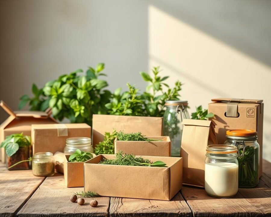 A vibrant still life showcasing an assortment of eco-friendly packaging materials. In the foreground, a mix of sustainable cardboard boxes, plant-based compostable containers, and reusable glass jars are arranged artfully on a rustic wooden tabletop. Soft, natural lighting filters in, casting warm shadows and highlighting the earthy tones and textures of the materials. In the middle ground, lush green plants and fresh herbs add a touch of verdant life, complementing the sustainable theme. The background features a blurred, neutral backdrop, allowing the packaging to take center stage. The overall composition conveys a sense of harmony, simplicity, and a commitment to environmental responsibility.