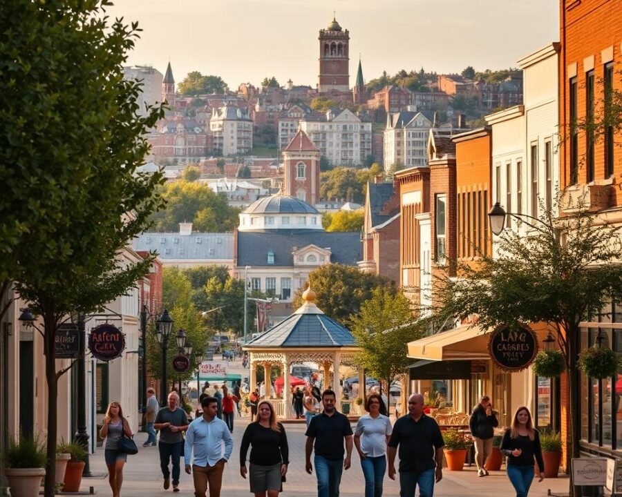 A vibrant streetscape in Garden City, capturing the essence of local amenities within reach. In the foreground, people stroll along the tree-lined sidewalks, passing by well-curated storefronts and inviting cafes. The middle ground features a bustling town square, with a charming gazebo and a lively outdoor market. In the background, a mix of historical architecture and modern buildings create a harmonious skyline, bathed in warm, golden-hour lighting. The scene conveys a sense of community, convenience, and a high quality of life, perfectly encapsulating the "Local Amenities Within Reach" section of the article.