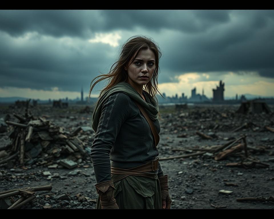 A war-torn Anya, her face etched with the ravages of conflict, stands amidst a bleak, desolate landscape. Rubble and debris litter the ground, casting long shadows under a heavy, gray sky. The air is thick with an ominous tension, as if the very atmosphere holds its breath. Anya's eyes, weary yet resolute, gaze into the distance, her disheveled hair and tattered clothing a testament to the hardships she has endured. In the background, the remnants of a once-vibrant city crumble, a haunting reminder of the devastation that has been wrought. The scene is a somber, poignant reflection of the resilience and determination of the human spirit, even in the face of unimaginable adversity.