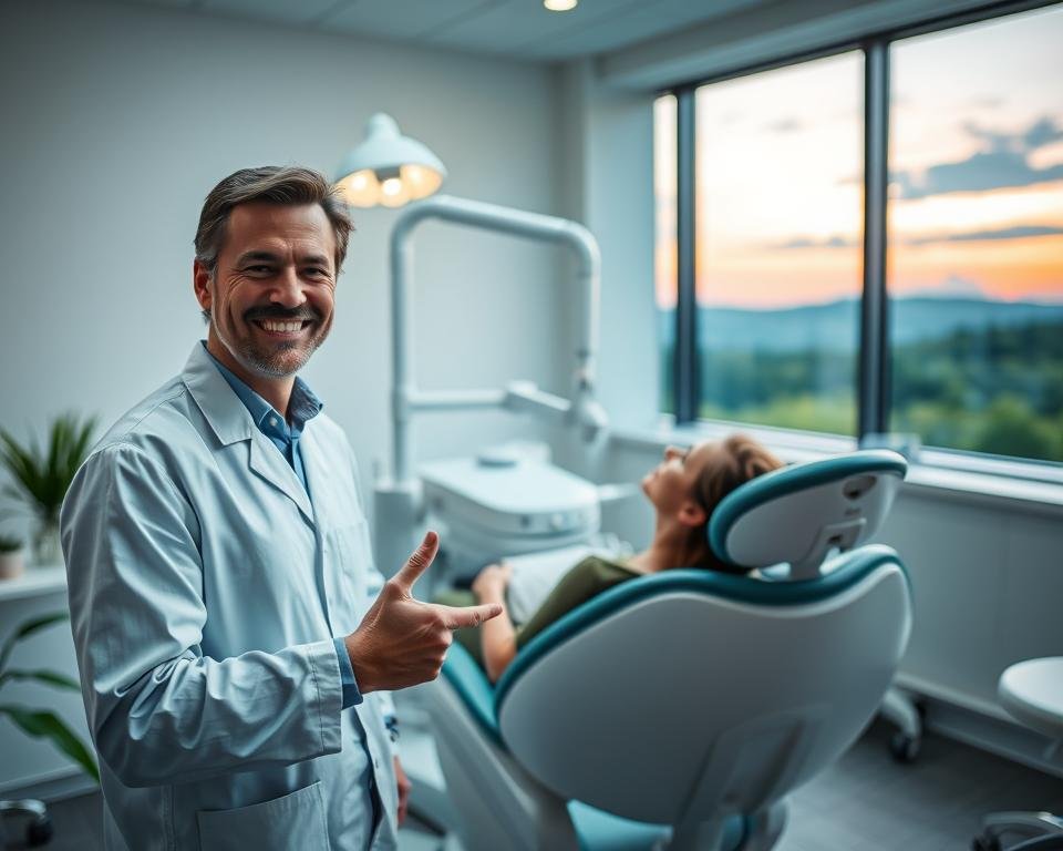 A warm, inviting dental office with a modern, calming atmosphere. In the foreground, a friendly dentist smiles warmly, gesturing towards a relaxed patient in the dental chair. Soft lighting illuminates the scene, creating a comfortable, spa-like ambiance. The middle ground features state-of-the-art dental equipment, showcasing the practice's commitment to exceptional care. In the background, a serene landscape of lush greenery and a tranquil sky, reflecting the holistic, patient-centric approach to dental wellness.