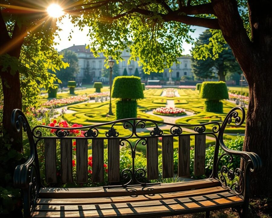 A weathered, antique garden bench sits in a lush, verdant setting. The bench's distressed wooden slats and ornate ironwork frame a timeless, rustic composition. Dappled sunlight filters through the canopy of overhanging trees, casting a warm, golden glow across the scene. In the background, a sprawling, meticulously manicured garden unfolds, its vibrant blooms and meandering paths suggesting a sense of tranquility and old-world charm. The entire tableau evokes a nostalgic, bygone era, inviting the viewer to imagine leisurely afternoons spent in quiet contemplation amidst the serene natural surroundings.