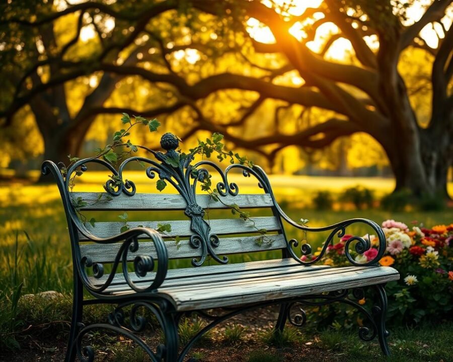A weathered, antique garden bench stands elegantly in a lush, verdant landscape. Delicate vines crawl up the ornate, wrought-iron backrest, casting gentle shadows. Warm, golden sunlight filters through the canopy of mature oak trees, bathing the scene in a soft, nostalgic glow. The bench's timeless design, with its intricate scrollwork and decorative armrests, evokes a sense of old-world charm. Surrounding the bench, a well-tended flower garden bursts with vibrant colors, complementing the rustic, earthy tones of the weathered wood and metal. The overall composition exudes a tranquil, serene atmosphere, inviting the viewer to pause and savor the timeless beauty of this antique garden oasis.