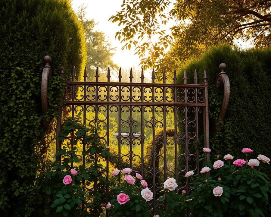 A weathered cast iron garden fence, its intricate lattice patterns casting delicate shadows on the lush floral beds below. Overgrown with cascading vines and blooming roses, the antique barrier evokes a sense of timeless elegance. Warm, golden sunlight filters through the foliage, illuminating the fence's timeworn patina. Towering hedges and leafy trees frame the scene, creating a charming, secluded garden oasis. The vintage aesthetic and natural harmonious elements embody the historical significance and enduring appeal of this classic cast iron fencing design.
