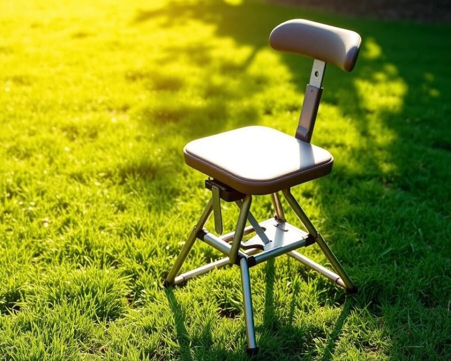 A well-designed, ergonomic garden kneeler with a sturdy, rust-resistant metal frame and a soft, padded seat. The kneeler is positioned on a lush, green lawn, bathed in warm, natural sunlight that casts gentle shadows. The kneeler's adjustable height and pivoting seat allow for comfortable gardening posture, reducing strain on the back and knees. The scene conveys a sense of relaxation and ease, highlighting the kneeler's ability to make gardening a more comfortable and enjoyable experience.