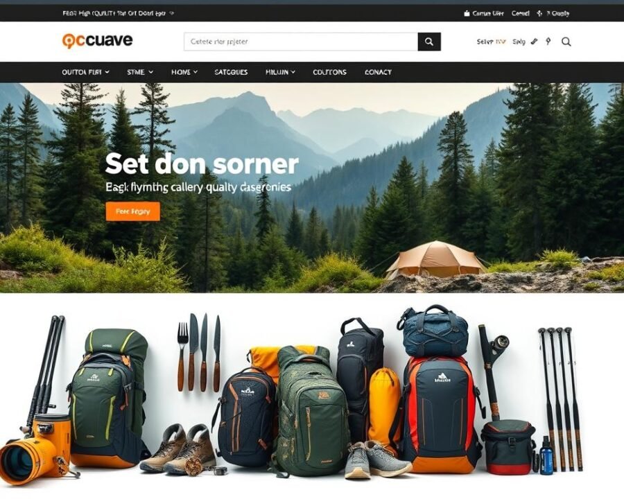 A well-designed online store for outdoor products, featuring a sleek and modern interface. In the foreground, display a selection of high-quality outdoor gear, such as hiking backpacks, camping tents, and fishing rods, all arranged in a visually appealing manner. In the middle ground, showcase the website's user-friendly navigation, with clear categories and intuitive search functionality. In the background, depict a serene outdoor scene, such as a lush forest or a picturesque mountain landscape, to evoke the spirit of adventure and connection with nature. Utilize natural lighting and a clean, minimalist aesthetic to create a visually striking and inviting e-commerce experience.