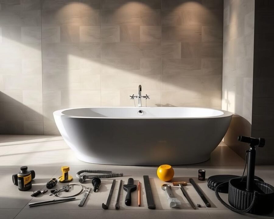 A well-lit bathroom interior with a large, modern garden tub taking center stage. The tub is positioned against a sleek, tiled wall, its smooth curves and clean lines complementing the minimalist design. Soft, directional lighting illuminates the scene, casting gentle shadows and highlighting the tub's luxurious fixtures. In the foreground, various installation tools and materials are neatly arranged, suggesting a recent or ongoing project. The overall atmosphere is one of calm, relaxation, and attention to detail, perfectly suited for the "Installation Tips for Your Garden Tub" section.