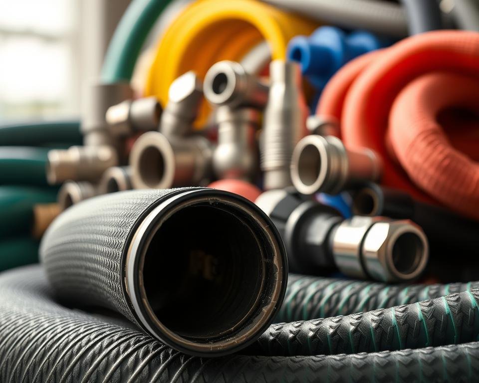 A well-lit, close-up view of various garden hose materials arranged in a visually appealing composition. In the foreground, showcase the cross-section of a flexible rubber hose, highlighting its inner structure and layers. In the middle ground, display a selection of hose connectors and fittings, such as metal or plastic couplings, valves, and nozzles. In the background, include samples of different hose materials, such as vinyl, polyurethane, or reinforced fabric, to provide context and visual interest. Capture the textures, colors, and overall quality of the materials to showcase the diversity of options available for garden hoses. Use a shallow depth of field to focus attention on the key elements.
