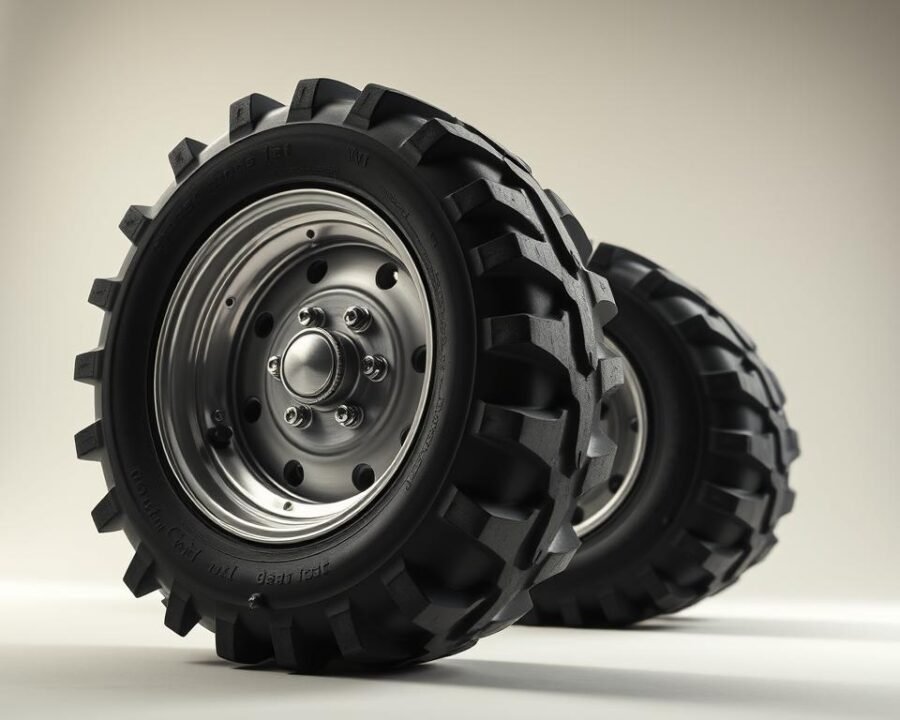 A well-lit, high-resolution photograph of the key features of a set of 12x12 garden tractor rims, captured from a low angle to showcase their rugged construction and attention to detail. The rims are positioned on a clean, neutral background that allows their design elements to stand out, including their thick treads, sturdy spokes, and polished metal finish. The lighting is soft and diffuse, creating a sense of depth and emphasizing the dimensional quality of the rims. The overall composition conveys the durability and premium nature of these high-performance tractor tires.