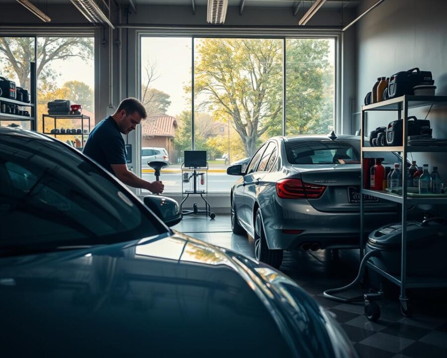 A well-lit, professional car detailing shop in a suburban setting, with a focus on the main service area. The foreground features a sleek, mid-sized sedan being meticulously cleaned by an attentive technician, using high-quality detailing tools and products. The middle ground showcases various detailing equipment, including polishers, vacuums, and cleaning solutions, neatly organized on shelves. The background depicts large windows overlooking a lush, tree-lined street, bathing the space in natural light and creating a warm, inviting atmosphere. The overall mood conveys a sense of expertise, attention to detail, and customer-centric service.