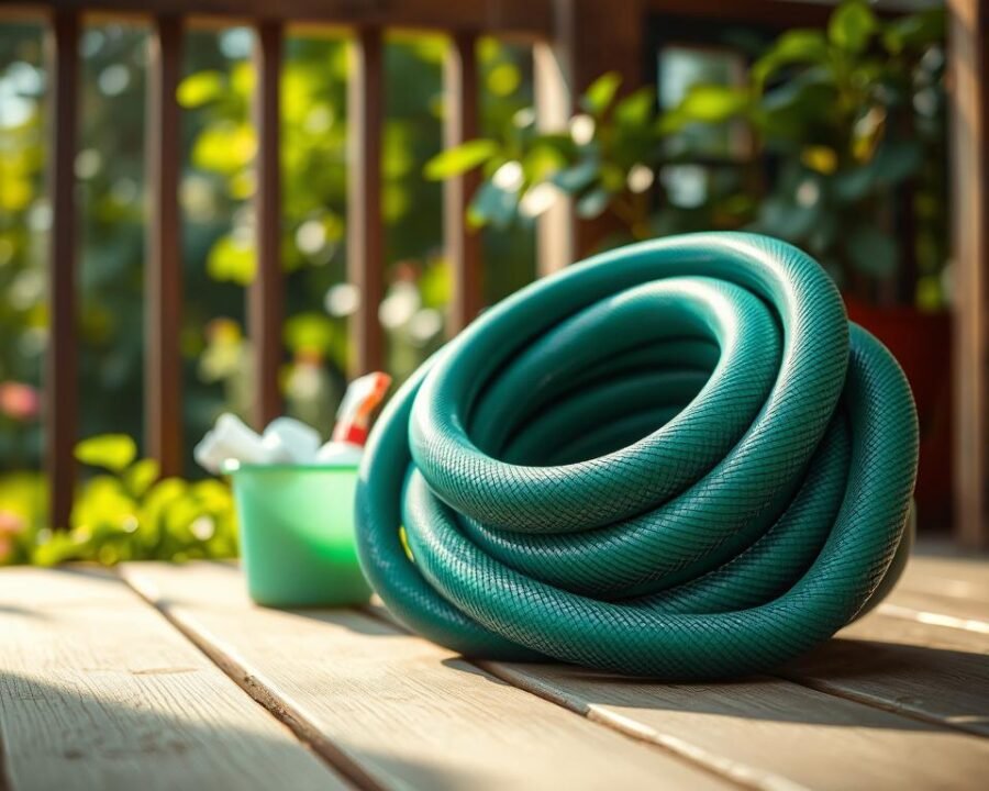 A well-maintained garden hose coiled neatly on a wooden deck, sunlight gently filtering through lush greenery in the background. The hose's surface glistens, its vibrant color and supple texture inviting touch. A small bucket of cleaning supplies sits nearby, ready for the task at hand. Soft, diffused lighting illuminates the scene, creating a sense of tranquility and care. The angle captures the hose in an elevated perspective, emphasizing its importance in caring for the surrounding garden. This image conveys the importance of proper hose maintenance for longevity and reliable performance in the yard.