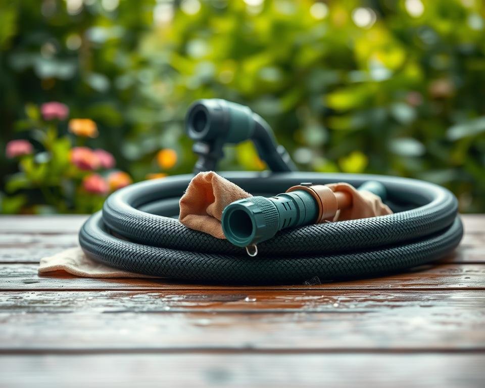 A well-maintained garden hose laying on a wooden surface, with a coil of hose in the foreground and a nozzle in the middle ground. The hose is being cleaned using a soft cloth, with droplets of water glistening on the surface. In the background, a lush, verdant garden provides a serene and natural setting. The lighting is soft and diffused, creating a warm and inviting atmosphere. The scene is captured from a slightly elevated angle, emphasizing the care and attention being given to the garden hose.