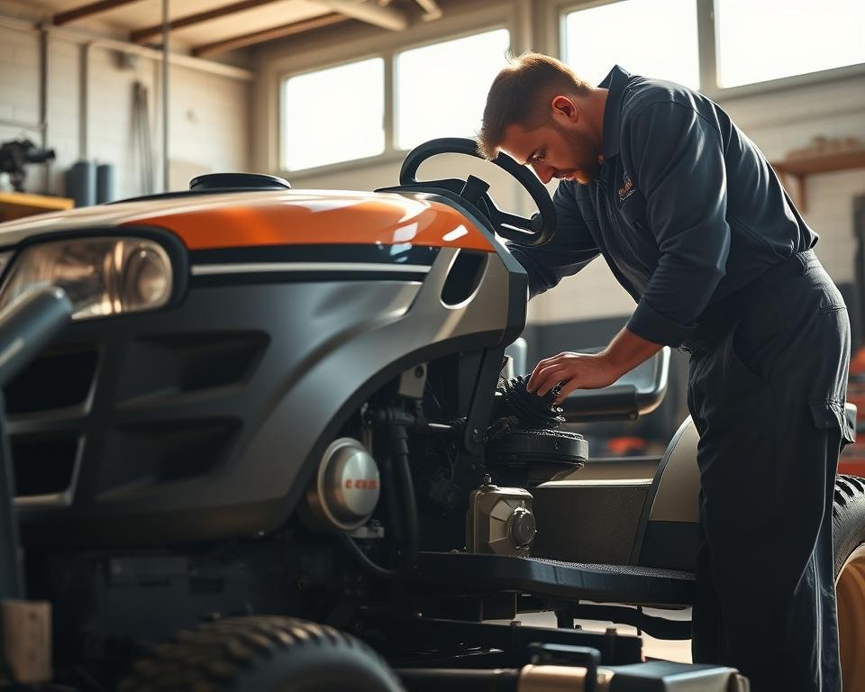 A well-maintained garden tractor stands in a sunny, well-lit workshop. Its engine is partially visible, with tools and parts neatly arranged around it. A mechanic, dressed in a clean work uniform, leans over the tractor, carefully inspecting the components. Subtle shadows and reflections create depth and a sense of realism. The overall scene conveys a sense of care, diligence, and attention to detail, reflecting the importance of proper maintenance for reliable Case garden tractor performance.