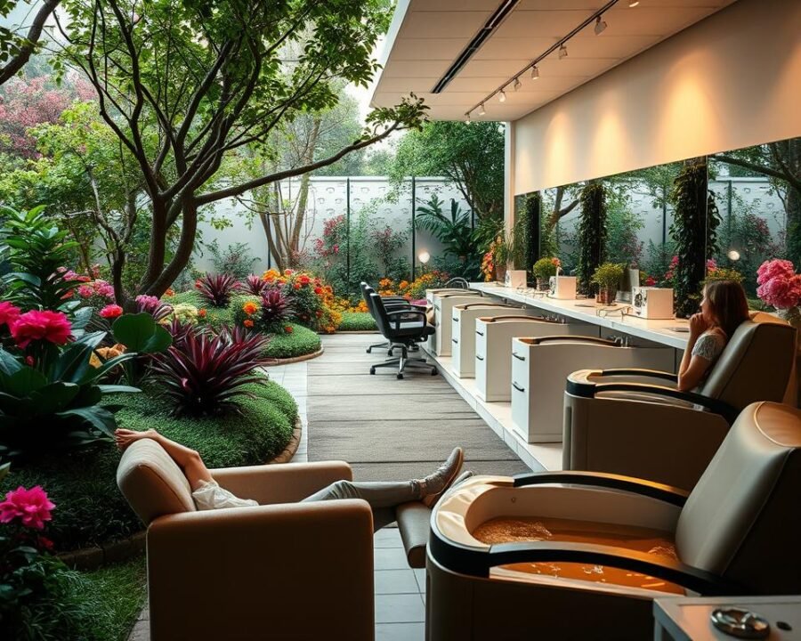 A well-manicured garden oasis, lush with vibrant flowers and verdant foliage, serves as the backdrop for a cozy nail care salon in Garden Grove. In the foreground, a woman relaxes in a plush pedicure chair, her feet submerged in a warm, soothing foot bath. The middle ground features a row of sleek, modern manicure stations, where nail technicians delicately shape and polish nails to perfection. Soft, diffused lighting casts a warm, inviting glow, creating an atmosphere of tranquility and relaxation. The scene conveys the importance of nail care, where self-care and natural beauty intertwine in a serene, spa-like setting.