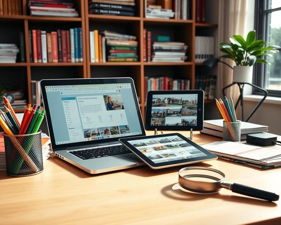 A well-organized desk with various real estate tools and resources. In the foreground, a sleek, modern laptop with a MLS search interface displayed on the screen. Beside it, a stack of colorful real estate brochures and a pen holder with an array of professional-grade pens and highlighters. In the middle ground, a tablet displaying property listings and a magnifying glass for detailed inspection. In the background, a bookshelf stocked with real estate guides, market reports, and legal documents, bathed in warm, natural lighting from a nearby window. The overall scene conveys a sense of efficiency, professionalism, and the comprehensive tools available to NJ real estate agents.