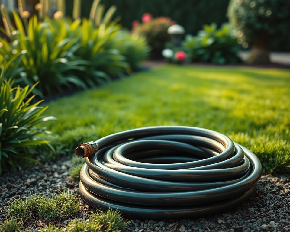 A well-organized garden with lush greenery and a prominent 1 inch diameter garden hose coiled neatly on the ground. The hose is made of sturdy, flexible rubber with a shiny, water-resistant finish. The lighting is soft and diffused, creating a warm, inviting atmosphere. The camera angle is positioned slightly above, capturing the scene from an elevated perspective to showcase the hose's prominence in the overall landscape. The background features a neat, well-manicured lawn and a few flowering plants or shrubs, creating a harmonious and visually appealing composition.