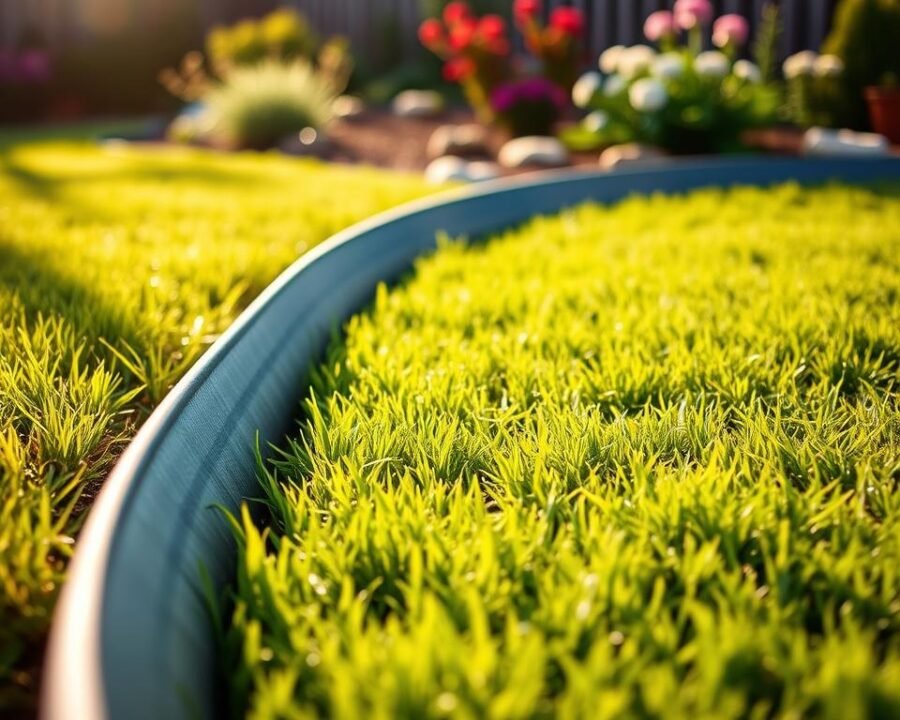 A well-weathered, 6-inch tall lawn edging made from durable, rust-resistant materials like galvanized steel or aluminum. The edging has a sleek, modern design with a subtle curve that seamlessly blends into the surrounding lawn. Sunlight casts a warm, natural glow across the edging, highlighting its textured surface and creating interesting shadows. The edging is set against a lush, verdant lawn in the foreground, with a carefully manicured garden bed in the background, creating a cohesive and visually appealing outdoor scene. The overall mood is one of understated elegance and attention to detail, perfectly suited for the "DIY Options vs. Ready-Made Edging" section of the article.
