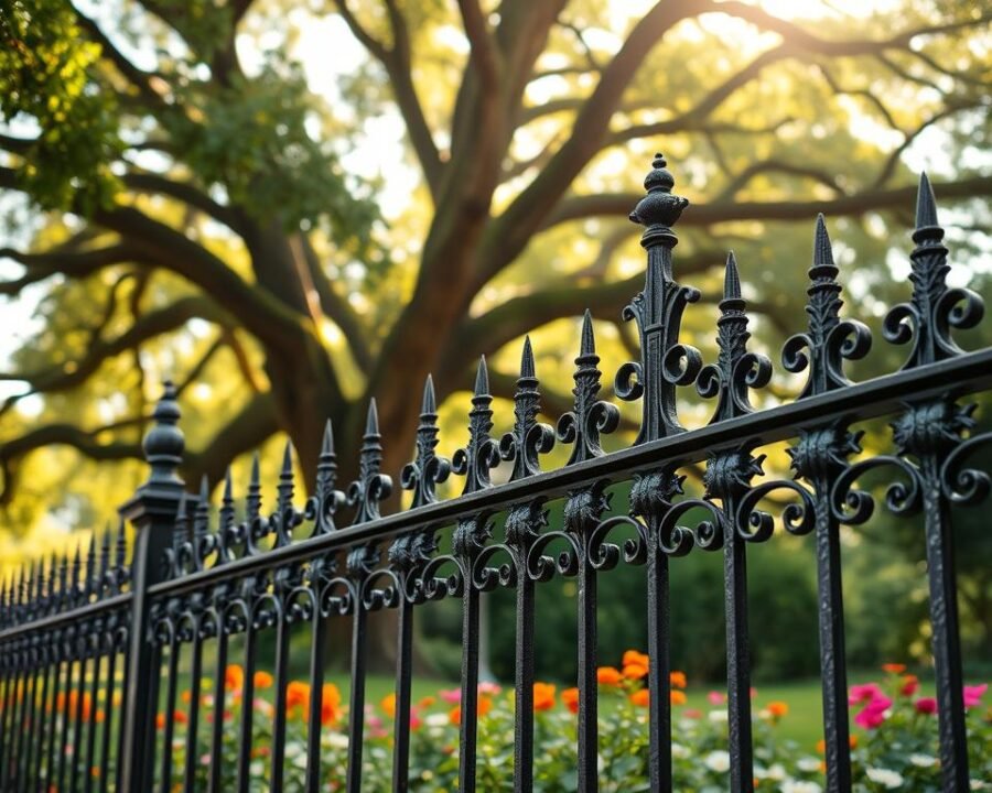 A wrought-iron garden fence in a classical Victorian style, with intricate scrollwork and decorative finials. The fence is set against a lush, verdant backdrop of towering oak trees and a vibrant flower garden. Soft, diffused sunlight filters through the leaves, casting a warm, golden glow on the weathered iron. The fence stands tall and proud, a timeless testament to traditional craftsmanship and the enduring beauty of cast iron. The scene evokes a sense of timeless elegance and a connection to the past, perfectly suited to adorn a stately garden.