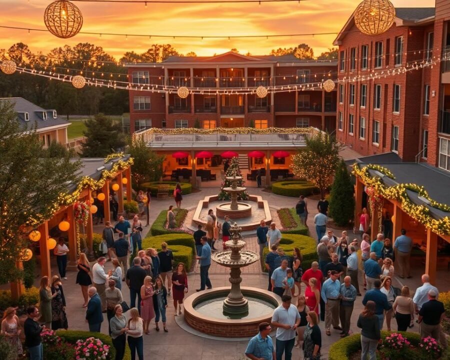 Afterdeck Garden City SC seasonal celebration: A vibrant outdoor oasis aglow with twinkling fairy lights, bathed in the warm hues of a golden sunset. In the foreground, a lively gathering of residents and guests mingling amid an array of festive decorations - colorful paper lanterns, garlands of evergreen, and a grand centerpiece fountain. The middle ground features lush, well-manicured gardens dotted with blooming flowers, while the background showcases the stately architecture of the Afterdeck community, its clean lines and warm brick tones complementing the serene ambiance. A sense of community, joy, and connection permeates the scene, captured through a cinematic wide-angle lens that immerses the viewer in the celebratory atmosphere.