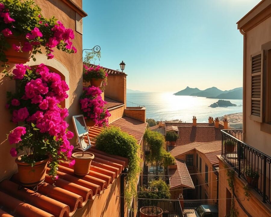 Alghero rooftop view, sun-dappled Mediterranean charm. Terracotta tiles, cascading bougainvillea, wrought-iron balconies. Narrow cobblestone streets wind through the ancient city, leading to this peaceful oasis high above. A wide-angle lens captures the sweeping vista - the sparkling azure sea, the rugged coastline, the distant mountains. Warm, soft lighting bathes the scene in a golden glow, casting long shadows across the rooftops. Vibrant greens of potted plants and trailing vines create a lush, laidback ambiance. This is a haven of tranquility, a perfect inspiration for designing your own urban roof garden retreat.