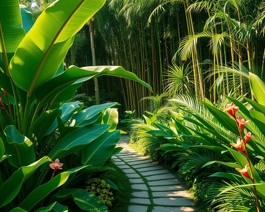 An Acan garden, a lush, tropical oasis in warm sunlight. Vibrant foliage of massive elephant ear plants, broad banana leaves, and graceful palm fronds sway in a gentle breeze. Delicate orchids and brightly colored heliconias dot the scene, their blooms catching the golden rays. A winding stone path leads the eye through the verdant landscape, inviting exploration. The background features a dense thicket of towering bamboo, casting dappled shadows across the garden. The atmosphere is one of serene tranquility, a haven of tropical beauty.