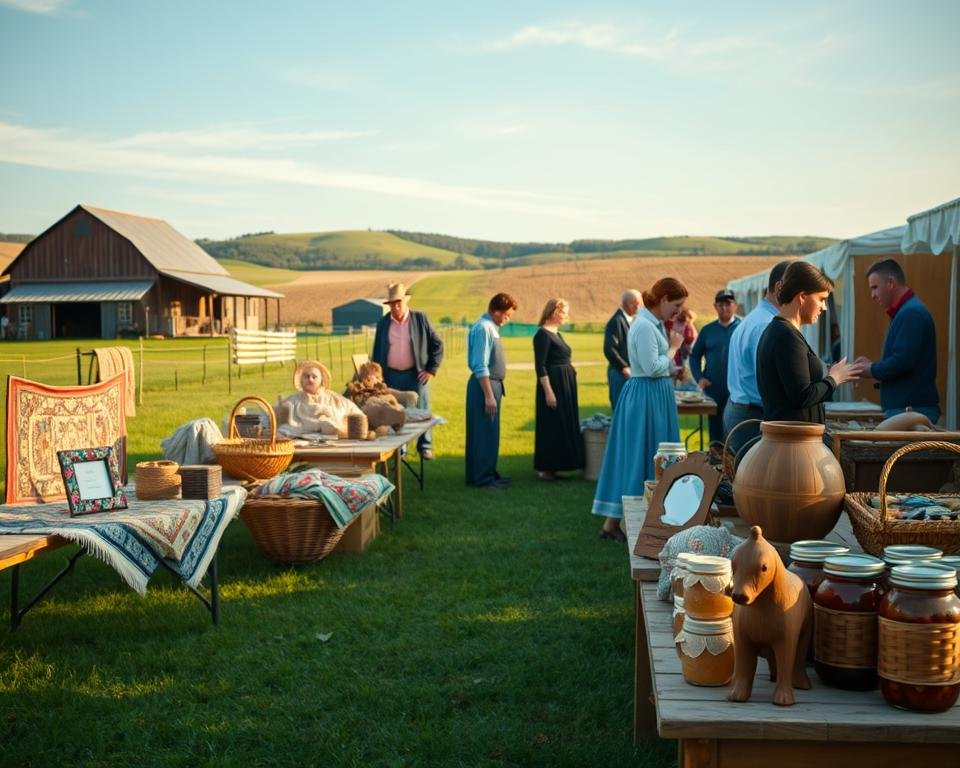 An Amish crafts fair in a pastoral countryside setting. In the foreground, a variety of handmade goods are displayed on wooden tables - intricate quilts, woven baskets, hand-carved wooden toys, and jars of homemade preserves. In the middle ground, Amish men and women in traditional dress converse and browse the stalls. The background features a rustic barn, rolling hills, and a clear blue sky with soft, diffused lighting. The atmosphere is one of tranquility, simplicity, and a connection to the land. The scene evokes a sense of timeless Amish culture and craftsmanship.