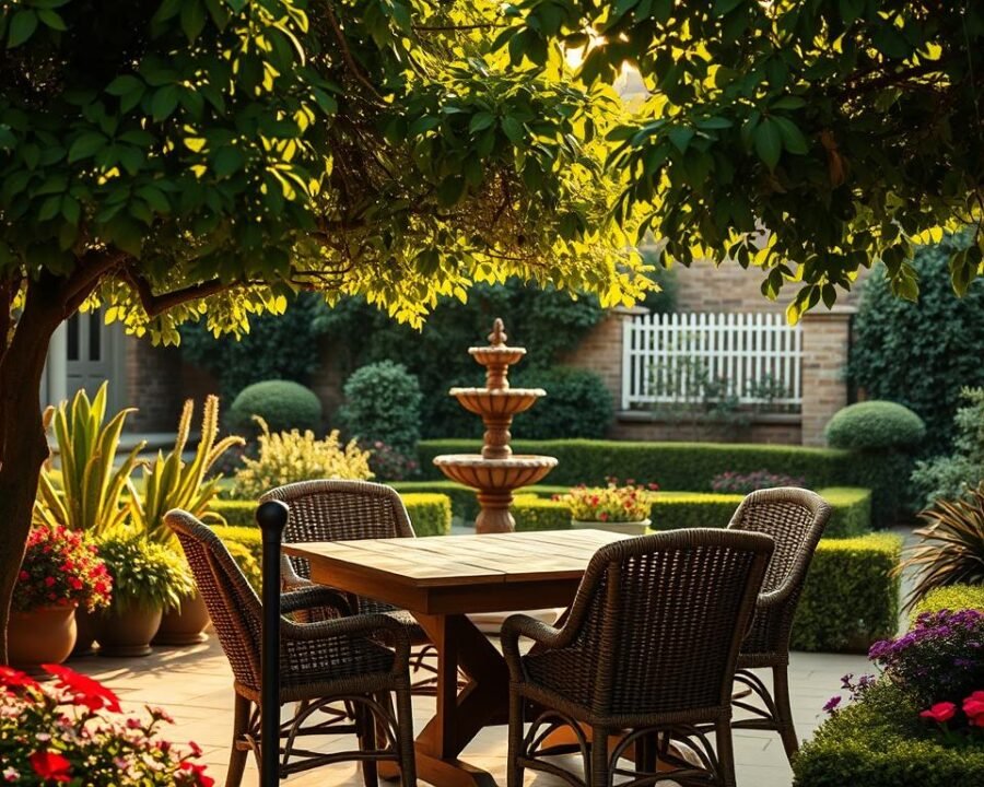 An inviting outdoor dining area in a lush garden oasis. A rustic wooden table, surrounded by wicker chairs, sits beneath a canopy of verdant foliage. Warm, diffused sunlight filters through the leaves, casting a soft, golden glow over the scene. In the background, a decorative stone fountain bubbles peacefully, its gentle sounds creating a soothing ambiance. Vibrant flower beds and neatly trimmed hedges frame the cozy setting, evoking a sense of tranquility and community. The overall atmosphere exudes a welcoming, neighborhood feel, perfect for a cherished local gathering spot.