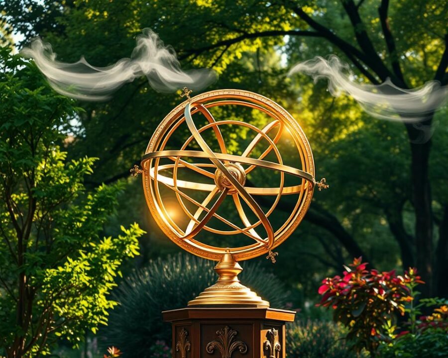 An ornate, gleaming armillary sphere standing proudly in a lush, tranquil garden. Intricate brass rings and meridians intersect in a delicate celestial arrangement, catching the warm, golden light filtering through the canopy of verdant trees. The sphere rests on a sturdy, elegantly carved pedestal, its polished surface reflecting the vibrant colors of the surrounding flora. Wispy clouds drift overhead, adding a sense of serene contemplation to the scene. This captivating decorative piece seamlessly blends classic design with natural beauty, inviting visitors to marvel at the harmonious interplay of science and nature.