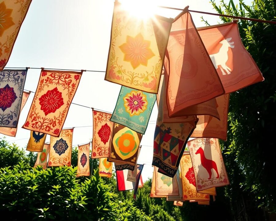 Decorative garden flags swaying gently in a warm breeze, their vibrant designs and patterns adding a touch of whimsy to a lush, well-manicured outdoor space. In the foreground, an array of colorful flags emblazoned with intricate floral motifs, geometric shapes, and playful animal silhouettes. Overhead, the sun casts a soft, golden glow, creating dynamic shadows that dance across the scene. In the middle ground, verdant foliage frames the display, suggesting a serene, tranquil garden setting. The background features a cloudless sky, accentuating the cheerful and inviting atmosphere. The overall composition conveys a sense of joy, creativity, and a celebration of the beauty of the natural world.
