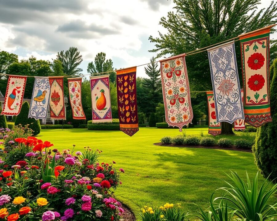 Decorative yard flags adorning a lush, well-manicured garden. A vibrant foreground showcases a variety of applique garden flags in an array of shapes, colors, and patterns - intricate floral designs, playful seasonal motifs, and elegant geometric patterns. The middle ground features a neatly trimmed lawn and carefully planted flower beds, while the background is filled with verdant trees and a picturesque cloudy sky. Warm, natural lighting casts a soft, inviting glow, highlighting the textural details of the flags and the surrounding foliage. The overall scene exudes a sense of cheerfulness, whimsy, and a celebration of the outdoor living space.