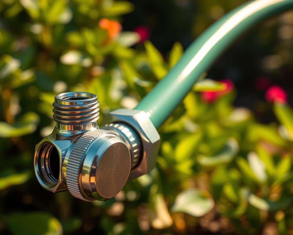 Detailed closeup shot of garden hose quick connect fittings in a natural outdoor setting. Foreground features chrome male and female threaded fittings with smooth, polished surfaces. Middle ground showcases the fittings securely attached to a green garden hose. Background depicts a lush, verdant garden with blurred foliage. Lighting is bright and natural, casting warm highlights and shadows that accentuate the metallic hardware. Camera angle is slightly elevated to provide a clear, unobstructed view of the key features. The overall mood is one of quality, functionality, and seamless integration with the garden environment.