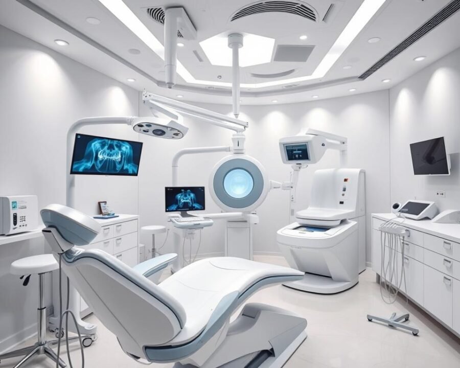 Detailed dental clinic showcasing cutting-edge technology. In the foreground, a sleek, futuristic dental chair with integrated diagnostic monitors and robotic arms. In the middle ground, a panoramic X-ray machine and 3D dental scanner, their smooth contours and LED lights conveying advanced capabilities. The background features a sterile, minimalist aesthetic with white walls, recessed lighting, and state-of-the-art instrument sterilization equipment. An atmosphere of innovation, precision, and patient comfort pervades the scene, captured through a wide-angle lens to emphasize the scale and sophistication of the clinic's dental technology.