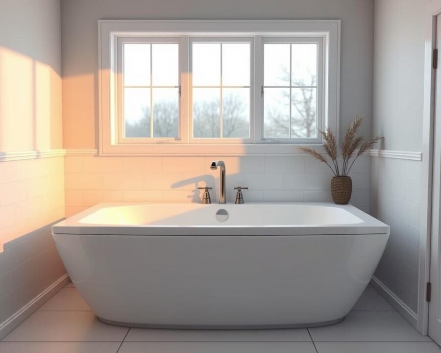 Detailed, high-quality 3D rendering of a spacious 54x42 inch garden tub, designed for a mobile home setting. The tub is positioned in a well-lit, minimalist bathroom, with clean white tiles and warm natural lighting filtering through a large window. The tub features sleek, modern lines and a deep, inviting basin, perfect for a relaxing soak. The scene conveys a sense of spa-like luxury and comfort, highlighting the benefits of upgrading a mobile home with a generously-sized garden tub.